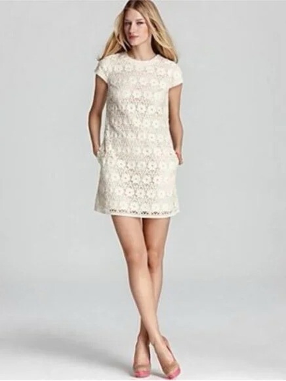 Juicy Couture Ivory Lace Guipure Shift Dress - Classic Short Sleeve